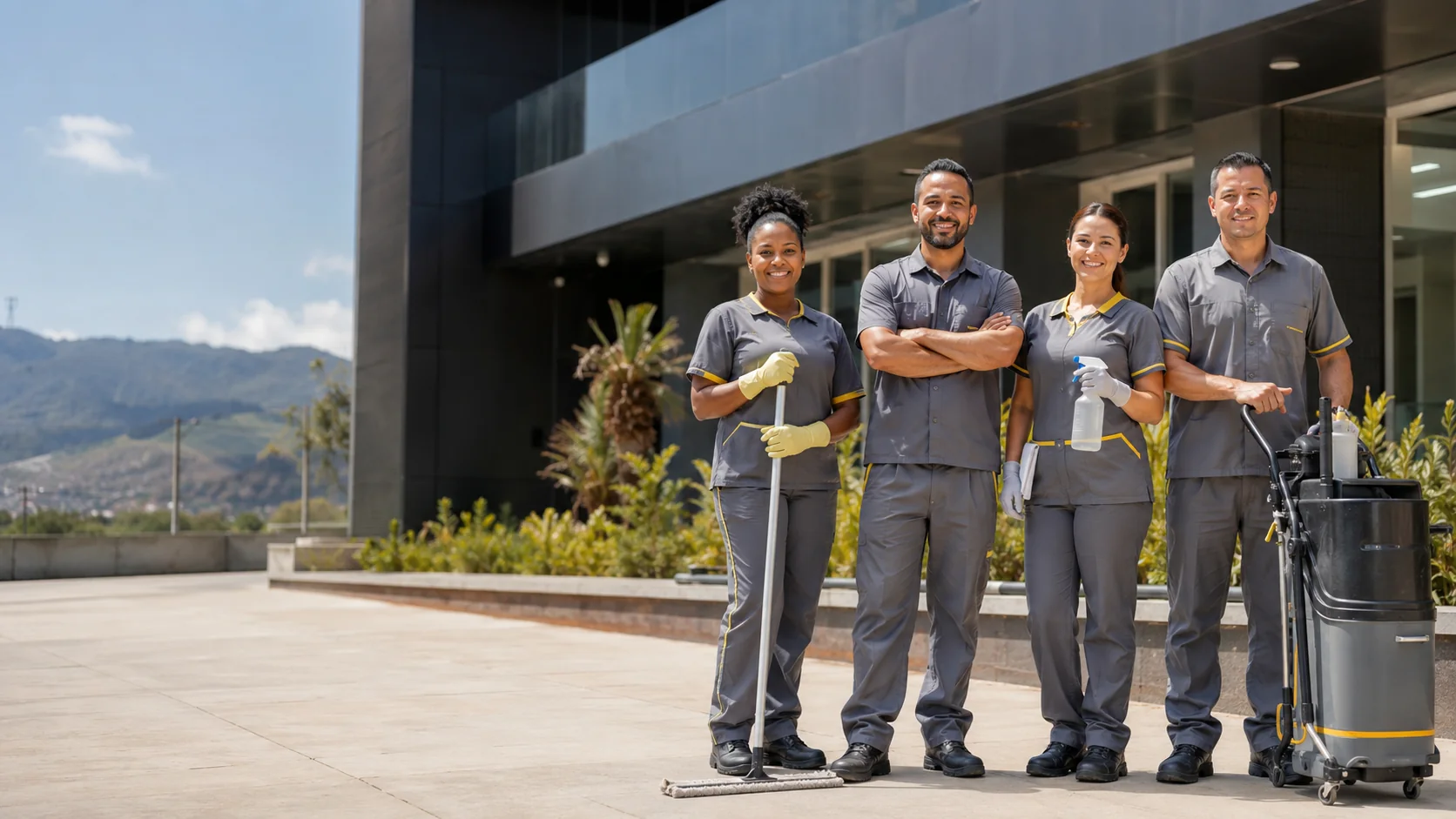 Equipe de serviços terceirizados em ambiente corporativo